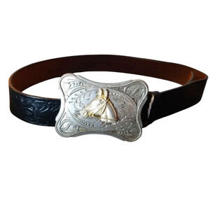 Vintage Steerhide Tooled Western Saddle Leather Belt And Buckle